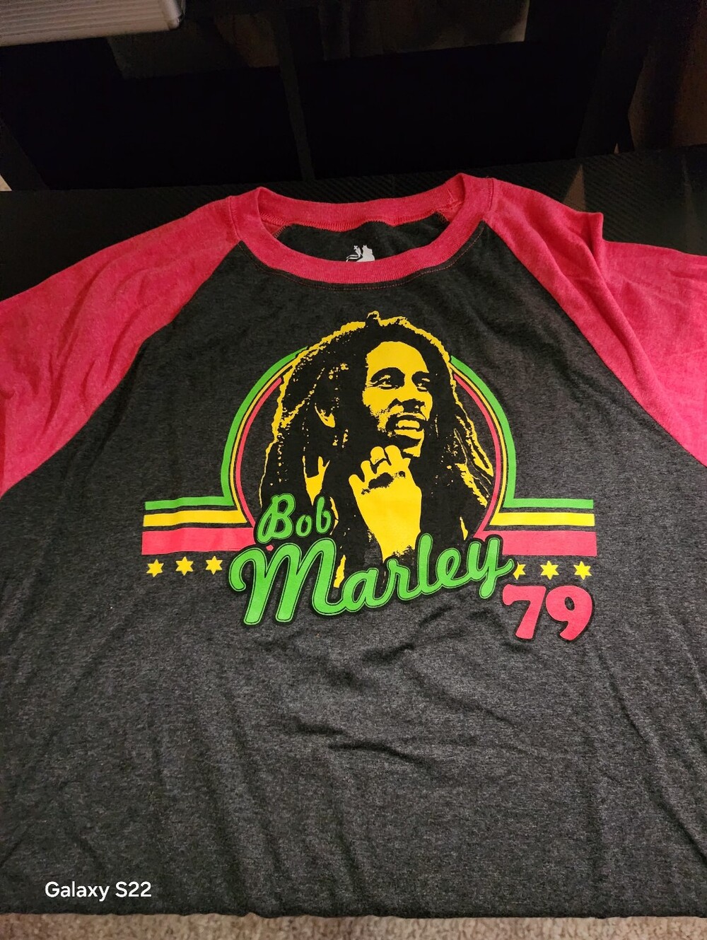 Zion Rootswear Bob Marley Raglan Tee in Charcoal & Red